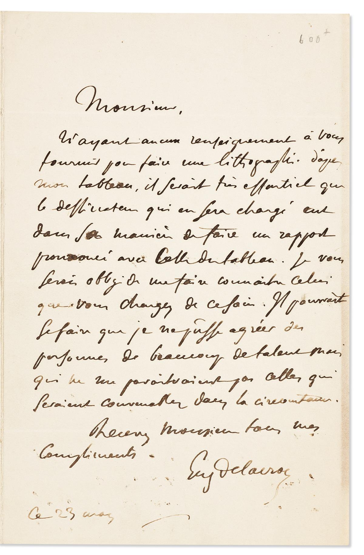 DELACROIX, EUGÈNE. Autograph Letter Signed, Eug Delacroix, to lithographer Pierre Joseph Challamel (Monsieur Challamel), in French,